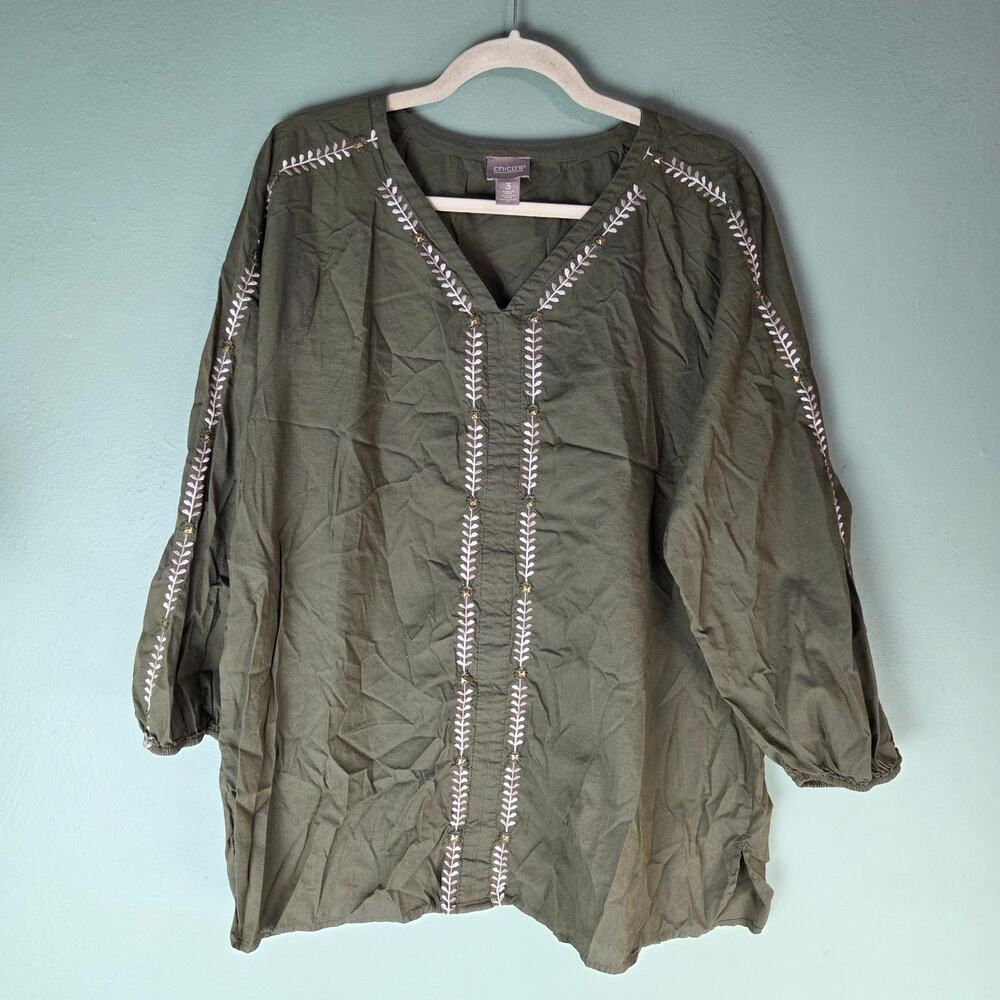 Chicos Womens Embroidered V-Neck Pullover Green Tunic Top 3 Long Sleeves Boho